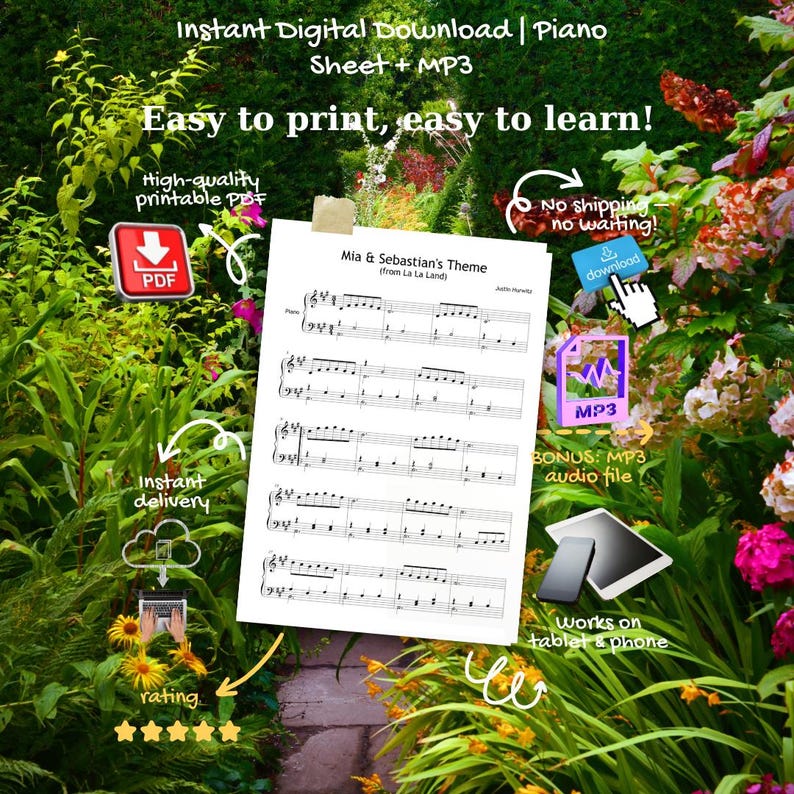 Song from a Secret Garden piano learning bundle with sheet music, optional MP3 audio, and tutorial video. Perfect for independent study or teacher-guided practice. Bonus violin/C part adds duet flexibility.