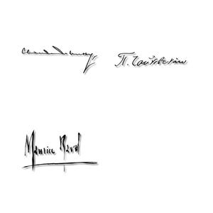 Peut inclure: Trois signatures &agrave; l'encre noire sur fond blanc. Les signatures sont en &eacute;criture cursive. La signature en haut &agrave; gauche semble indiquer "Claude Debussy". La signature en haut &agrave; droite semble indiquer "П. Чайковский". La signature en bas semble indiquer "Maurice Ravel".