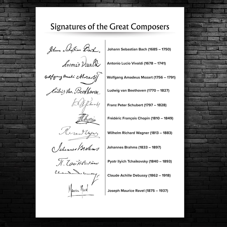 Peut inclure: Une affiche blanche pr&eacute;sentant les signatures de compositeurs c&eacute;l&egrave;bres, dont Bach, Mozart et Beethoven. Chaque signature est accompagn&eacute;e du nom du compositeur et de ses dates de naissance et de d&eacute;c&egrave;s. Le titre "Signatures of the Great Composers" est en haut.