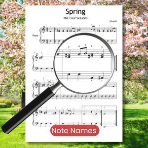 May include: A sheet of music for piano, titled "Spring" from "The Four Seasons" by Vivaldi. A magnifying glass is positioned over the sheet music, with the words "Note Names" in a red box at the bottom.