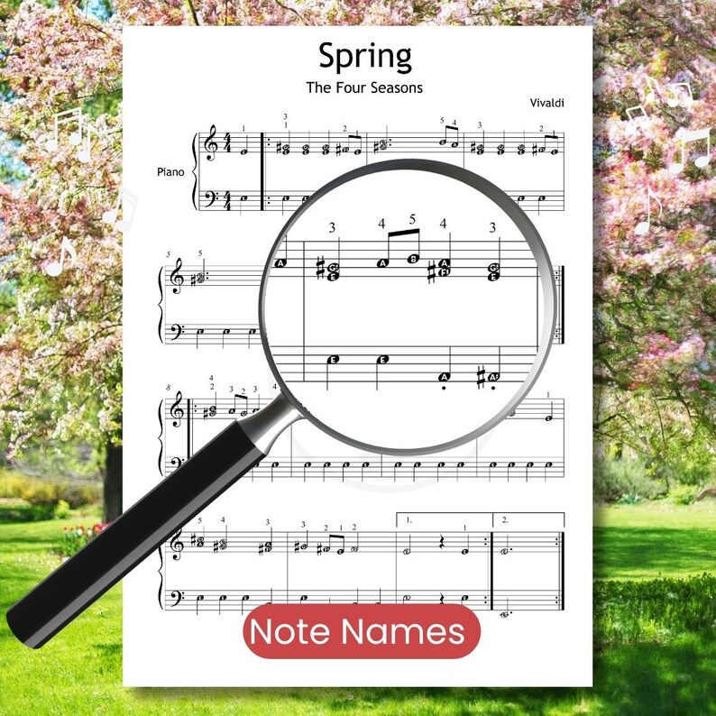 May include: A sheet of music for piano, titled "Spring" from "The Four Seasons" by Vivaldi. A magnifying glass is positioned over the sheet music, with the words "Note Names" in a red box at the bottom.