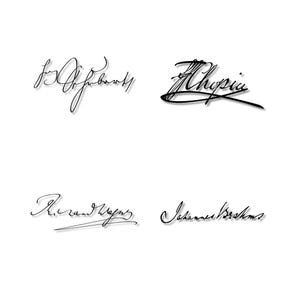 Peut inclure: Quatre signatures noires sur fond blanc. Les signatures sont celles de c&eacute;l&egrave;bres compositeurs : Liszt, Chopin, Wagner et Brahms. Les signatures sont en &eacute;criture cursive, avec diff&eacute;rents niveaux de d&eacute;tails et de fioritures.