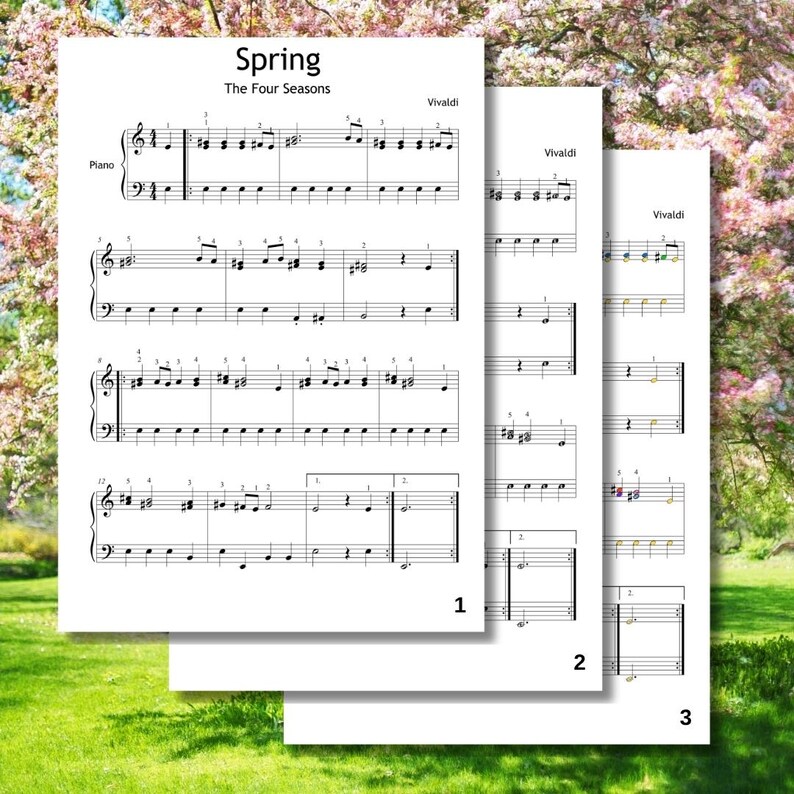 May include: Three sheets of piano sheet music for Vivaldi's "Spring" from "The Four Seasons." The top sheet is labeled "Spring" and "The Four Seasons." The music is printed in black on white paper. The background is a blurred image of a flowering tree and green grass.