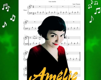 May include: A poster featuring sheet music and a portrait of a woman with red lipstick. The text "Comptine d'Un Autre Été: L'Après-Midi" and "Amélie" are visible. Musical notes and green stars decorate the background.