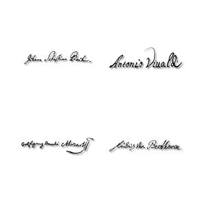 Peut inclure: Quatre signatures manuscrites noires sur fond blanc. Les signatures sont celles de Johann Sebastian Bach, Antonio Vivaldi, Wolfgang Amadeus Mozart et Ludwig van Beethoven. Les signatures sont dans un style classique et &eacute;l&eacute;gant.