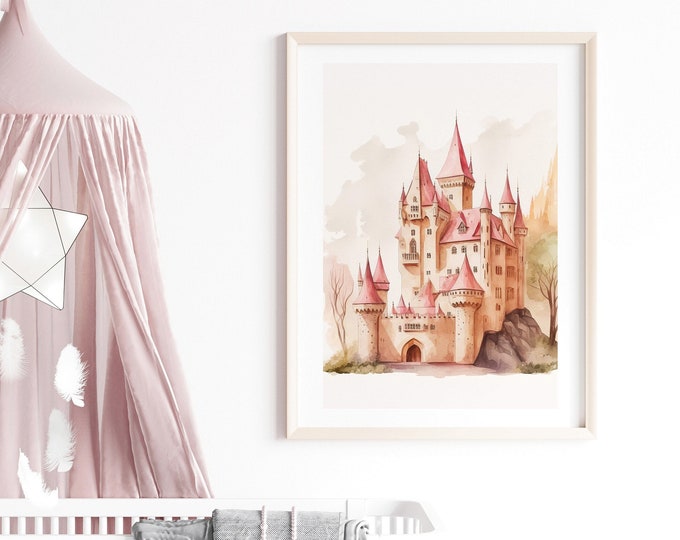 Fairy tale castle, nursery picture, baby gift girl, princess castle poster, children's poster, wall decoration, A4, A3, A2