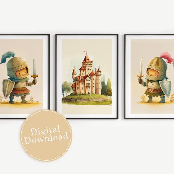Poster set, knight and castle, nursery poster, children's room pictures, baby gift, nursery wall art
