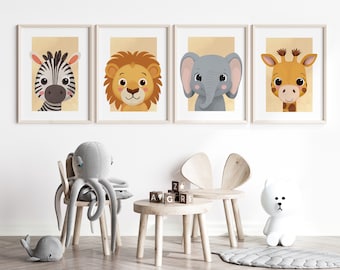 Safari dieren poster set, kinderkamer foto's, dieren foto's, leeuw, olifant, giraffe, zebra, baby cadeau, wanddecoratie, A4, A3, A2