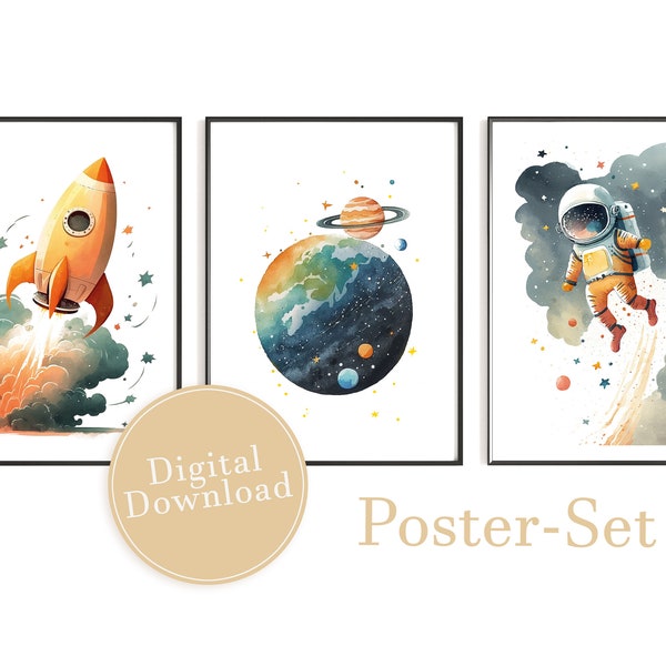 Posterset Astronaut, Weltraum, Kinderposter, Kinderzimmer Bild, Baby Geschenk, Wand Deko, A4, A3, A2