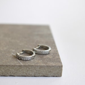 Platinum Plated Cubic Zirconia Huggie Hoop Earrings | Silver Earrings | Silver Huggie Hoop Earrings | Dainty Huggie Hoop | Small silver Hoop