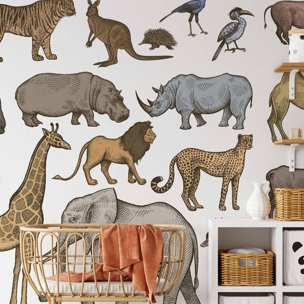 Papier peint tendance animaux, lion, éléphant, tigre, kangourou, girafe, zèbre, oiseaux, animal de savane, gravure nature et décoratif