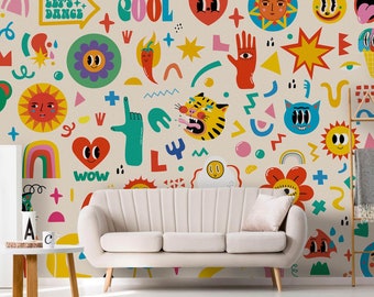 Papier peint illustration graphique patch coloré, fleur, tigre, soleil, coeur, chat, cartoon, confitis, 70's, acide, chambre enfant