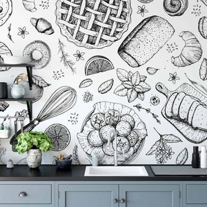 Panoramic kitchen wallpaper of gourmet food with ingredients, bread, fruit, cheese, cereal, black and white engraving, restaurant #106