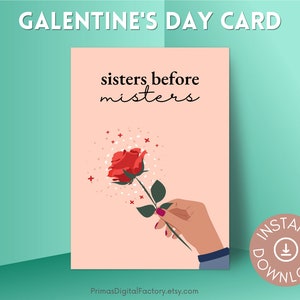Afdrukbare Galentine's Day Card, 'Sisters Before Misters' Last Minute Galentine's Day Gifts, 5"x7" Galentines Card DIY voor vrienden en zussen