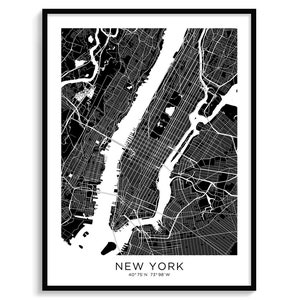 Plan de la ville de NEW YORK, carte minimaliste moderne pour décoration murale, art mural, affiche en téléchargement numérique, noir et blanc, élégant abstrait urbain cool, États-Unis