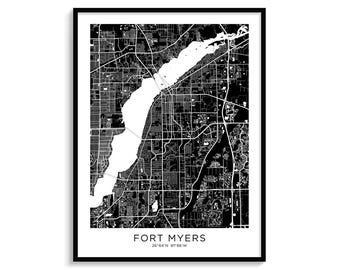 Fort Myers City Map Art, Minimalist Black and White (Digital Download)