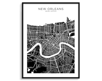 Plan de la ville de la NOUVELLE-ORLÉANS, carte moderne, carte minimaliste, décoration murale, art mural, téléchargement numérique, noir et blanc, élégant, urbain, cool, voyage, affiche, Etats-Unis