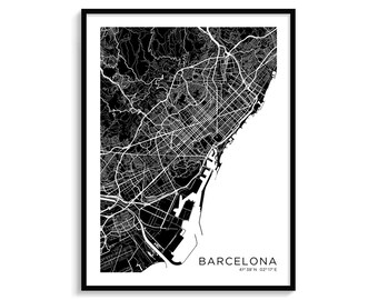 Barcelona City Map Art, Modern Black and White (Digital Download)