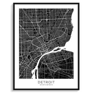 DETROIT Stadt Karte Moderne minimalistische Karte für Wand Dekor Wand Kunst Poster Digitaler Download Schwarz Weiß Elegante coole Urban Reise USA