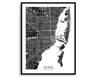 Miami City Map Art Print, Minimalist Black and White (Digital Download)