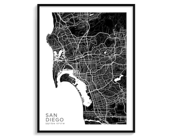 San Diego City Map Art, Minimalist Black and White Print (Digital Download)