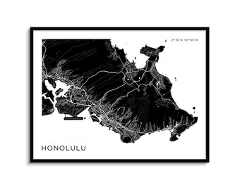 Honolulu City Map Art Print | Minimalist Black and White (Digital Download)