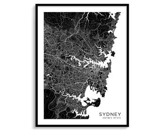 Sydney City Map Art, Minimalist Black and White Print (Digital Download)