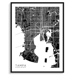 TAMPA stadskaart moderne minimalistische kaart voor muur decor kunst aan de muur kaart poster digitale download zwart-wit elegant stedelijk cool Florida VS