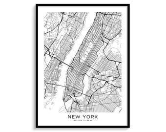 New York City Map Art, Minimalist Black and White Print (Digital Download)