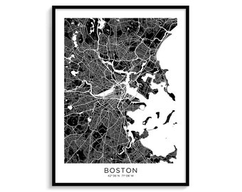 Boston City Map Art, Modern Black and White Print (Digital Download)