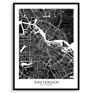 Carte de la ville d'AMSTERDAM, affiche de carte minimaliste moderne pour décoration murale, art mural en téléchargement numérique, noir et blanc, voyage urbain cool aux Pays-Bas