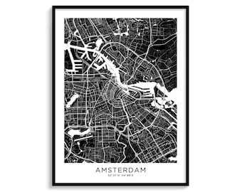 Amsterdam City Map Print, Modern Black and White Netherlands Art (Digital Download)