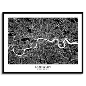 LONDRES Mapa de la ciudad Mapa horizontal minimalista moderno Decoración de la pared Arte de la pared Descarga digital Blanco y negro Urban Cool Travel Poster Reino Unido Inglaterra