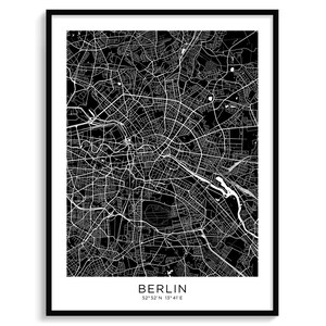 May include: Black and white map of Berlin, Germany with the city name and coordinates "52°30'N 13°24'E" printed at the bottom.