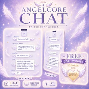 May include: A digital Twitch chat widget overlay in a light purple theme featuring angel wings, feathers, and a halo. The display shows chat messages, a goal widget with a heart icon, and text labels including ANGELCORE CHAT and FREE GOAL WIDGET.