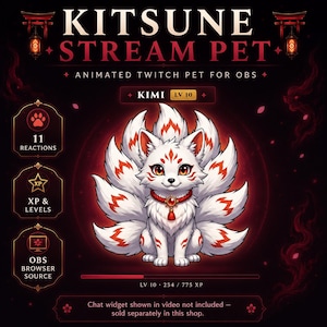 Kitsune Stream Pet Interactive Twitch Widget Animated Fox Spirit OBS Browser Source Cute Anime Overlay for VTubers and PNGtubers Streamers