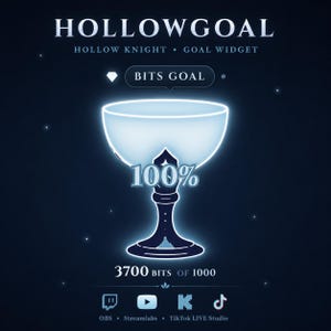 Puede incluir: Un gráfico de widget de objetivo digital titulado HOLLOWGOAL HOLLOW KNIGHT que presenta un icono de cáliz azul claro brillante con 100% mostrado en el centro. Debajo del cáliz, el texto dice 3700 BITS OF 1000, con iconos para Twitch, YouTube, Kick y TikTok.