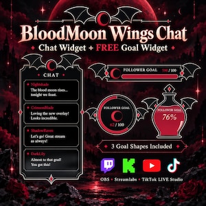 Pode incluir: Um conjunto de sobreposições de streaming intitulado BloodMoon Wings Chat com uma caixa de chat, três widgets de meta em forma de barra, círculo e frasco, e ícones para Twitch, Kick, YouTube e TikTok em uma paleta de cores vermelha e preta.