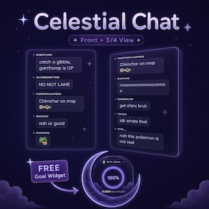May include: A digital overlay titled Celestial Chat featuring two chat windows with usernames and messages, a crescent moon-shaped bits goal widget showing 100% completion, and a label reading FREE Goal Widget, all set against a dark purple background.