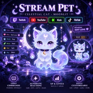 Puede incluir: Una superposición digital con un gato celestial blanco de ojos morados y una marca de luna creciente en la frente. El gráfico incluye etiquetas para Twitch, YouTube, Kick y TikTok, listas de comandos de chat y una barra de nivel del gato.