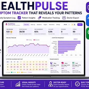Puede incluir: Una pantalla de portátil muestra la interfaz del rastreador de síntomas HealthPulse. La interfaz presenta gráficos y visualizaciones de datos para rastrear síntomas, desencadenantes y patrones. La aplicación ofrece información y un informe listo para el médico.