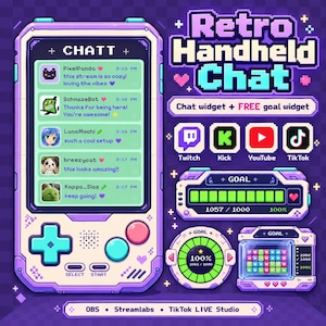 May include: A pixel art digital overlay set featuring a purple handheld game console chat box, a goal progress bar, and circular and rectangular goal trackers. Includes text labels for Twitch, Kick, YouTube, TikTok, OBS, Streamlabs, and TikTok LIVE Studio.