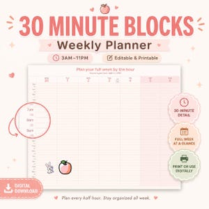 Puede incluir: Un planificador semanal rosa y blanco con el texto "30 MINUTE BLOCKS" y "Weekly Planner". El planificador incluye un diseño horario detallado de 3 AM a 11 PM, con secciones para cada día de la semana. Incluye "Editable & Printable" y "Digital Download".