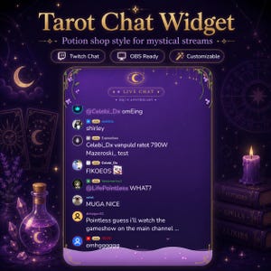 May include: A digital Tarot Chat Widget overlay for live streams featuring a purple theme with celestial icons, a potion bottle, and stacked books. The interface displays live chat messages, user avatars, and text including Tarot Chat Widget.