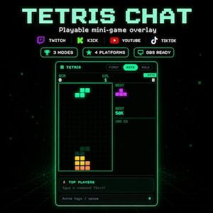 May include: A digital Tetris Chat playable mini-game overlay for streaming platforms like Twitch, Kick, YouTube, and TikTok. The interface features a neon green grid, block shapes, score, level, and key counters, with text labels including Top Players.