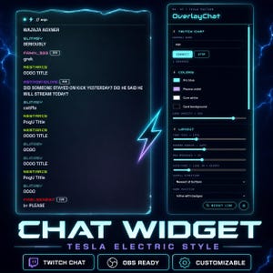 May include: A digital chat widget interface titled OverlayChat Tesla Edition, featuring a dark theme with neon blue accents. The display shows a live Twitch chat feed on the left and a configuration panel on the right with sliders for colors, layout, and font size.