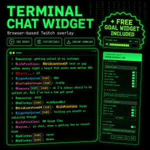 May include: A digital terminal chat widget overlay for Twitch in bright neon green text on a black background. The interface displays a simulated chat feed, a settings panel with animation options, and a separate follower goal progress bar widget.