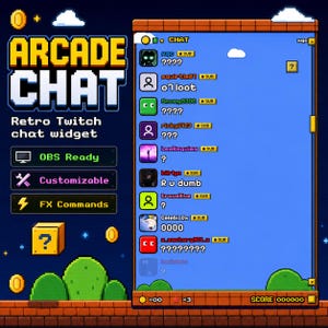 Puede incluir: Un widget de chat para Twitch con estilo pixel art titulado ARCADE CHAT. La interfaz muestra una ventana de chat azul enmarcada por ladrillos marrones, con nombres de usuario y mensajes. Incluye iconos para configuraciones.
