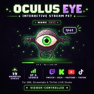 Może przedstawiać: Grafika w stylu pixel art przedstawiająca fioletowe stworzenie z dużym zielonym okiem i małymi skrzydłami. Tekst zawiera OCULUS EYE INTERACTIVE STREAM PET, NAME LV 2, !pet, 19 ANIMATED STATES, XP & LEVELS, TWITCH, KICK, YOUTUBE, TIKTOK oraz VIEWER-CONTROLLED.