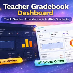 May include: Teacher Gradebook Dashboard interface with data visualizations. The interface displays class overview, grade distribution, and student performance metrics. Text includes "Track Grades, Attendance & At-Risk Students", "No Installation", "Works Offline", and "Easy to Use".